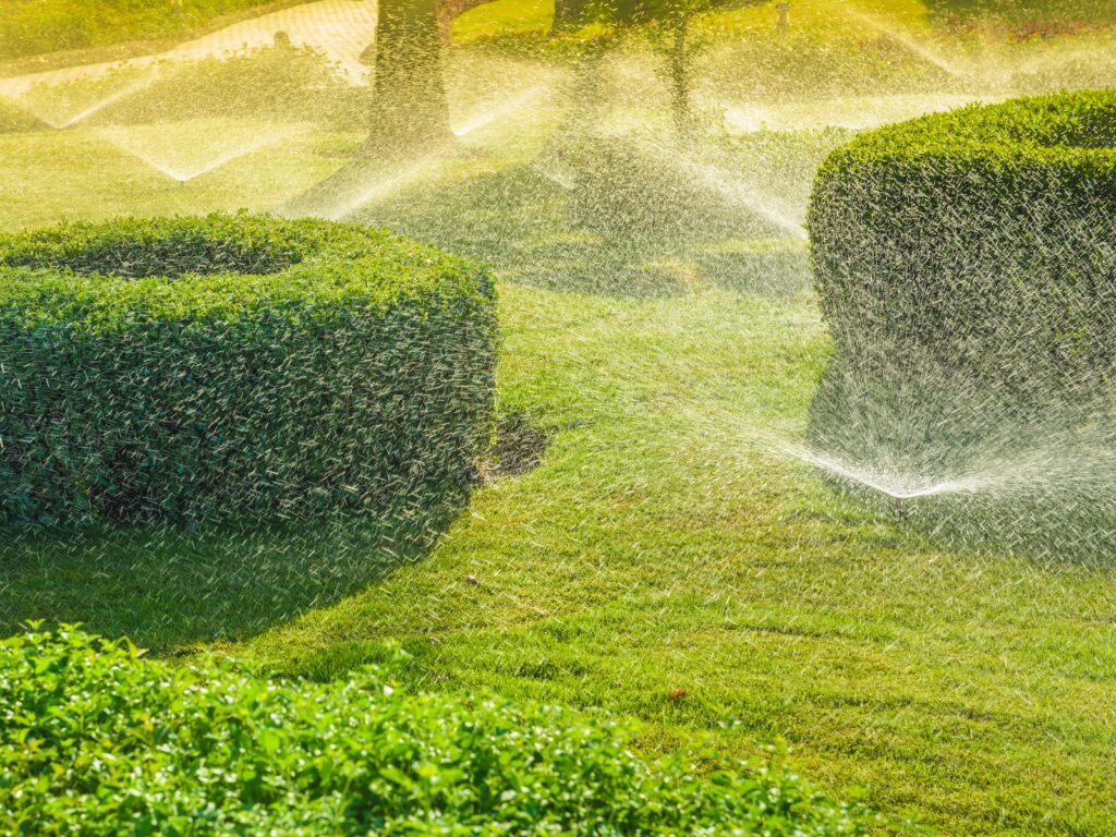 Automatic garden irrigation system watering green garden.